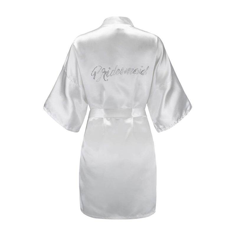 EPLAZA Women's One Size Silver Rhinestones Bride Bridesmaid Short Satin Robes for Wedding Party Getting Ready (White, Bridesmaid) - Image 1